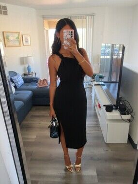 Elegant Black Midi Dress with Side Slit - Classic Women's Dress